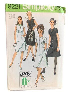 Simplicity 9221 Misses Jiffy Dress Sewing Pattern Size 14 Retro 60s Chic